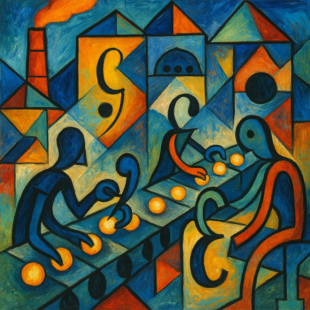 Ilustración cubista de una fábrica de puntuación