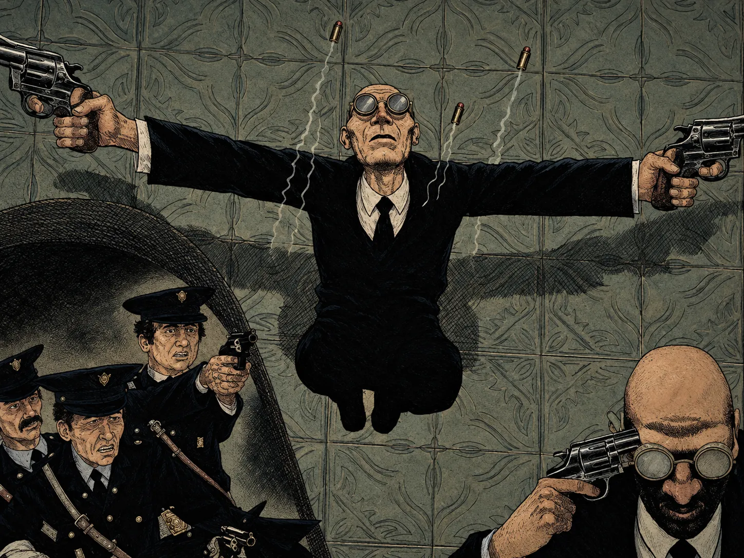 Ilustración de un hombre calvo con gafas y traje negro suspendido en el aire con los brazos extendidos y un revólver en cada mano; abajo a la izquierda, tres policías apuntan sus armas, y abajo a la derecha otro hombre se apunta con un revólver a la sien.